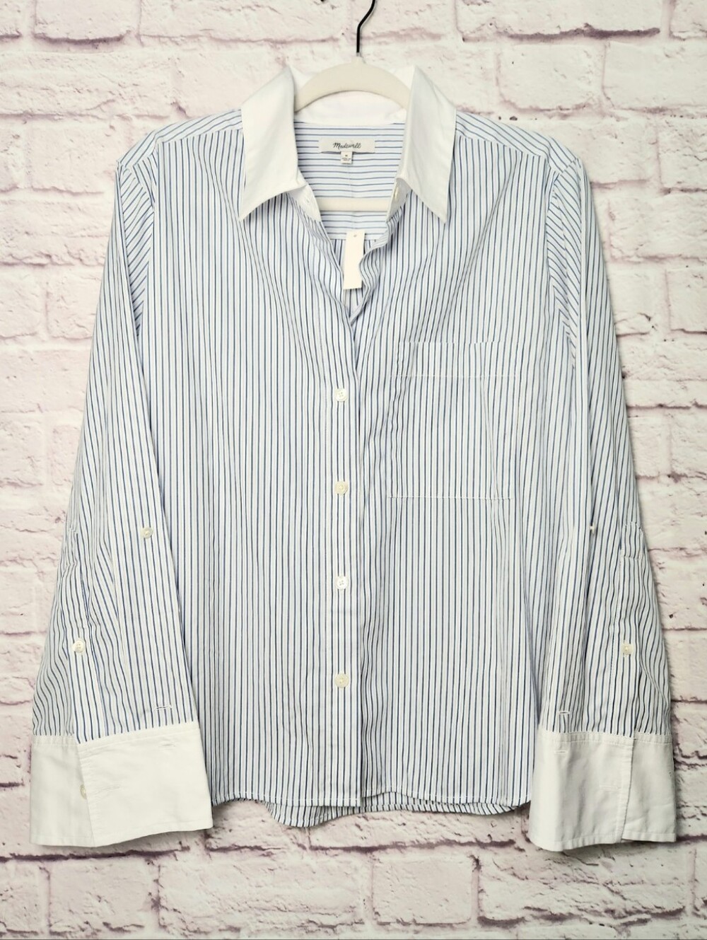 Madewell NWT Easy Y-Neck Button-Up Shirt White Blue Cotton Womens Medium